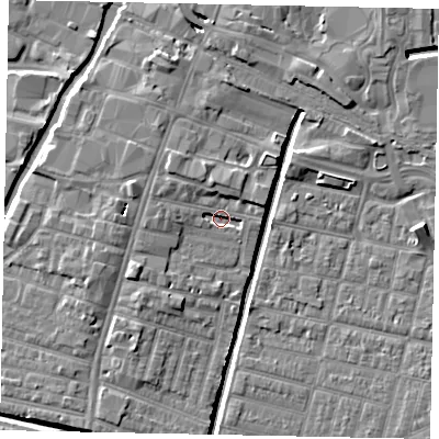 Shaded relief map of the ground around LN57JZ, computed from Environment Agency LiDAR. The ground here sits at about 5 m above sea level and falls 7 m across the surrounding 800 m. Surface water reaching this point runs off ground lying to the west, 2.9 m higher.