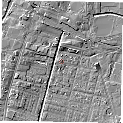 Shaded relief map of the ground around LN57LB, computed from Environment Agency LiDAR. The ground here sits at about 5 m above sea level and falls 7 m across the surrounding 800 m. Surface water reaching this point runs off ground lying to the west, 1.0 m higher.