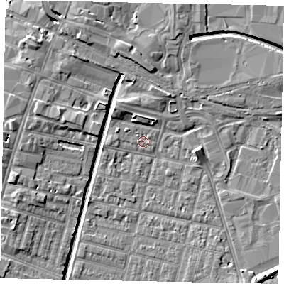 Shaded relief map of the ground around LN57LD, computed from Environment Agency LiDAR. The ground here sits at about 5 m above sea level and falls 7 m across the surrounding 800 m. Surface water reaching this point runs off ground lying to the west, 1.6 m higher.