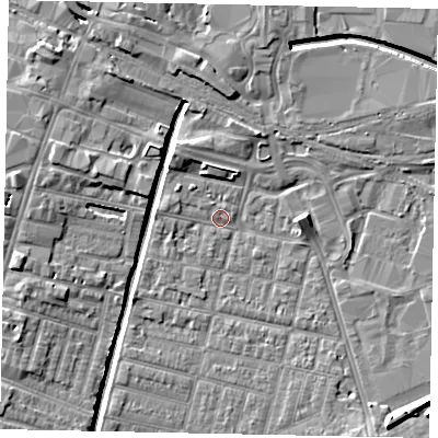 Shaded relief map of the ground around LN57LE, computed from Environment Agency LiDAR. The ground here sits at about 5 m above sea level and falls 8 m across the surrounding 800 m. Surface water reaching this point runs off ground lying to the west, 1.6 m higher.