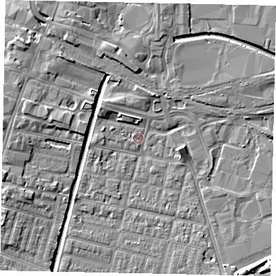 Shaded relief map of the ground around LN57LF, computed from Environment Agency LiDAR. The ground here sits at about 5 m above sea level and falls 8 m across the surrounding 800 m. Surface water reaching this point runs off ground lying to the north-west, 3.1 m higher.