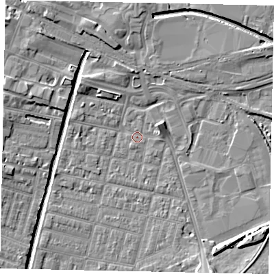 Shaded relief map of the ground around LN57LG, computed from Environment Agency LiDAR. The ground here sits at about 4 m above sea level and falls 8 m across the surrounding 800 m. Surface water reaching this point runs off ground lying to the south-east, 6.2 m higher.