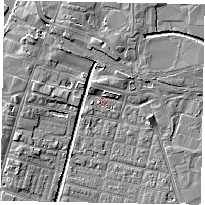 Shaded relief map of the ground around LN57LH, computed from Environment Agency LiDAR. The ground here sits at about 5 m above sea level and falls 7 m across the surrounding 800 m. Surface water reaching this point runs off ground lying to the north-north-west, 2.5 m higher.