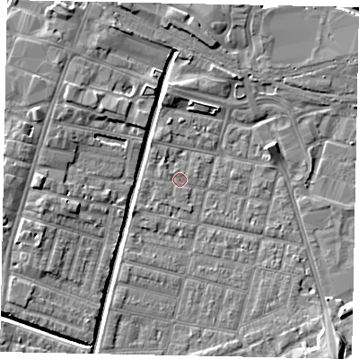 Shaded relief map of the ground around LN57LL, computed from Environment Agency LiDAR. The ground here sits at about 5 m above sea level and falls 9 m across the surrounding 800 m. Surface water reaching this point runs off ground lying to the south-east, 2.1 m higher.