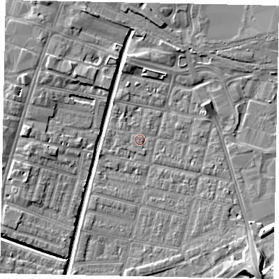 Shaded relief map of the ground around LN57LN, computed from Environment Agency LiDAR. The ground here sits at about 5 m above sea level and falls 8 m across the surrounding 800 m. Surface water reaching this point runs off ground lying to the south-east, 2.2 m higher.