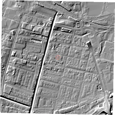 Shaded relief map of the ground around LN57LP, computed from Environment Agency LiDAR. The ground here sits at about 5 m above sea level and falls 8 m across the surrounding 800 m. Surface water reaching this point runs off ground lying to the south-east, 2.2 m higher.
