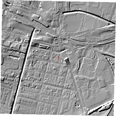 Shaded relief map of the ground around LN57LQ, computed from Environment Agency LiDAR. The ground here sits at about 5 m above sea level and falls 8 m across the surrounding 800 m. Surface water reaching this point runs off ground lying to the east-south-east, 3.5 m higher.