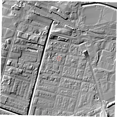 Shaded relief map of the ground around LN57LR, computed from Environment Agency LiDAR. The ground here sits at about 5 m above sea level and falls 8 m across the surrounding 800 m. Surface water reaching this point runs off ground lying to the south-south-west, 2.0 m higher.