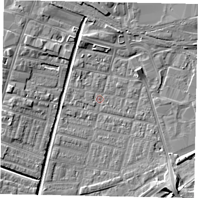 Shaded relief map of the ground around LN57LS, computed from Environment Agency LiDAR. The ground here sits at about 5 m above sea level and falls 8 m across the surrounding 800 m. Surface water reaching this point runs off ground lying to the south-east, 2.2 m higher.