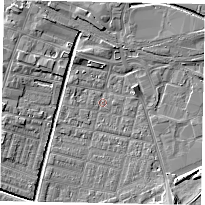 Shaded relief map of the ground around LN57LT, computed from Environment Agency LiDAR. The ground here sits at about 4 m above sea level and falls 8 m across the surrounding 800 m. Surface water reaching this point runs off ground lying to the west-south-west, 1.5 m higher.