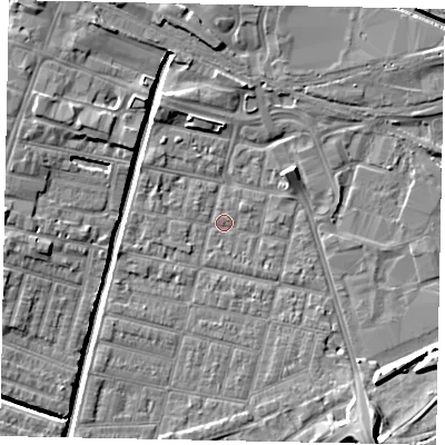 Shaded relief map of the ground around LN57LU, computed from Environment Agency LiDAR. The ground here sits at about 5 m above sea level and falls 9 m across the surrounding 800 m. Surface water reaching this point runs off ground lying to the south-south-east, 2.2 m higher.