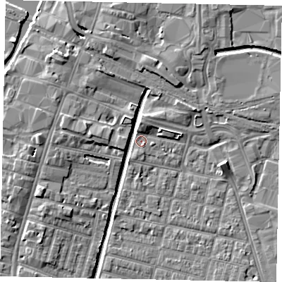 Shaded relief map of the ground around LN57LW, computed from Environment Agency LiDAR. The ground here sits at about 5 m above sea level and falls 7 m across the surrounding 800 m. Surface water reaching this point runs off ground lying to the west, 6.3 m higher.