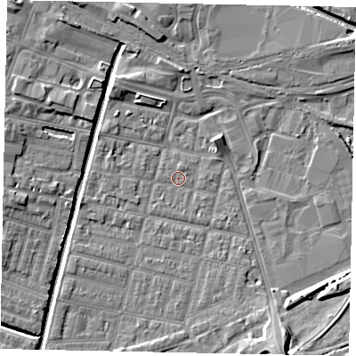 Shaded relief map of the ground around LN57LX, computed from Environment Agency LiDAR. The ground here sits at about 5 m above sea level and falls 9 m across the surrounding 800 m. Surface water reaching this point runs off ground lying to the south-south-east, 2.2 m higher.