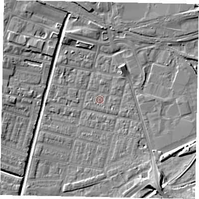 Shaded relief map of the ground around LN57LY, computed from Environment Agency LiDAR. The ground here sits at about 4 m above sea level and falls 9 m across the surrounding 800 m. Surface water reaching this point runs off ground lying to the east, 0.7 m higher.