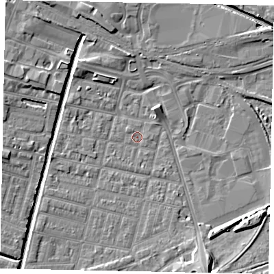 Shaded relief map of the ground around LN57LZ, computed from Environment Agency LiDAR. The ground here sits at about 4 m above sea level and falls 9 m across the surrounding 800 m. Surface water reaching this point runs off ground lying to the south-south-east, 2.2 m higher.