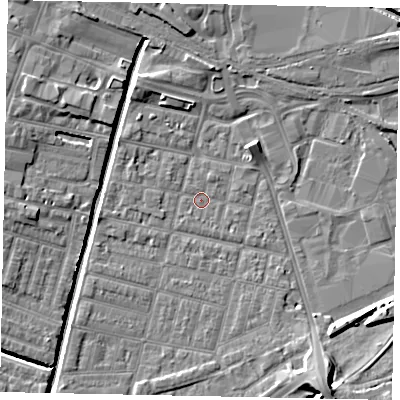Shaded relief map of the ground around LN57NA, computed from Environment Agency LiDAR. The ground here sits at about 4 m above sea level and falls 9 m across the surrounding 800 m. Surface water reaching this point runs off ground lying to the south-south-east, 2.2 m higher.