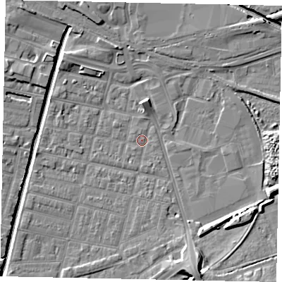 Shaded relief map of the ground around LN57ND, computed from Environment Agency LiDAR. The ground here sits at about 5 m above sea level and falls 9 m across the surrounding 800 m. Surface water reaching this point runs off ground lying to the south-west, 0.6 m higher.