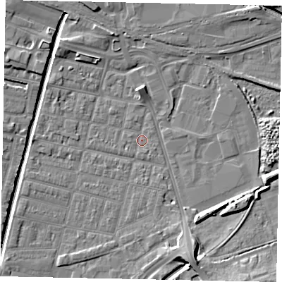 Shaded relief map of the ground around LN57NE, computed from Environment Agency LiDAR. The ground here sits at about 5 m above sea level and falls 9 m across the surrounding 800 m. Surface water reaching this point runs off ground lying to the south-east, 0.7 m higher.