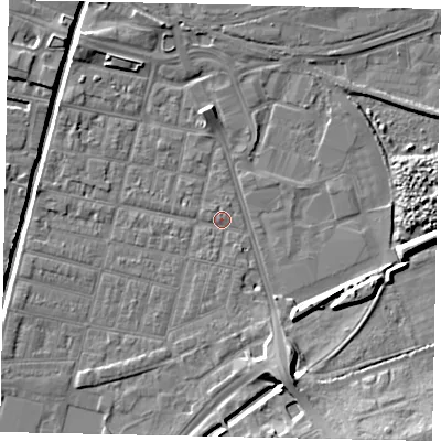 Shaded relief map of the ground around LN57NF, computed from Environment Agency LiDAR. The ground here sits at about 5 m above sea level and falls 11 m across the surrounding 800 m. Surface water reaching this point runs off ground lying to the south-south-east, 1.0 m higher.