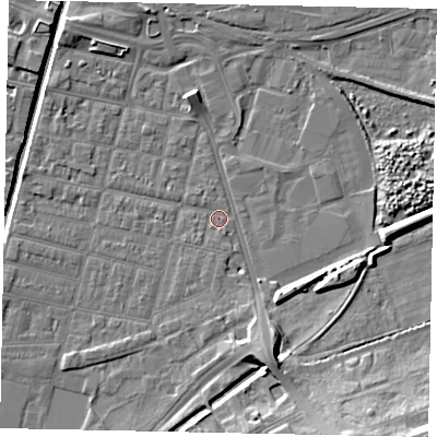 Shaded relief map of the ground around LN57NG, computed from Environment Agency LiDAR. The ground here sits at about 5 m above sea level and falls 14 m across the surrounding 800 m. Surface water reaching this point runs off ground lying to the south-south-east, 5.5 m higher.