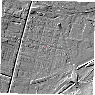 Shaded relief map of the ground around LN57NH, computed from Environment Agency LiDAR. The ground here sits at about 5 m above sea level and falls 10 m across the surrounding 800 m. Surface water reaching this point runs off ground lying to the east-south-east, 1.2 m higher.