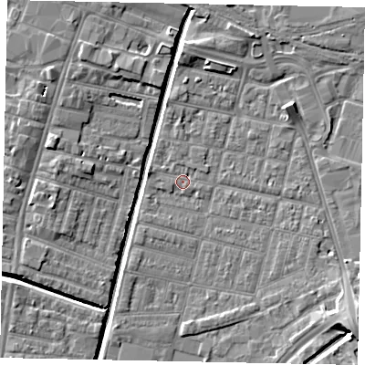 Shaded relief map of the ground around LN57NJ, computed from Environment Agency LiDAR. The ground here sits at about 5 m above sea level and falls 8 m across the surrounding 800 m. Surface water reaching this point runs off ground lying to the south-east, 2.2 m higher.