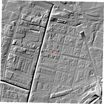 Shaded relief map of the ground around LN57NL, computed from Environment Agency LiDAR. The ground here sits at about 5 m above sea level and falls 8 m across the surrounding 800 m. Surface water reaching this point runs off ground lying to the south-east, 2.2 m higher.