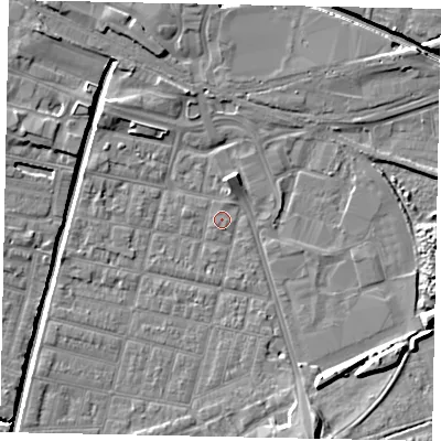 Shaded relief map of the ground around LN57NN, computed from Environment Agency LiDAR. The ground here sits at about 5 m above sea level and falls 9 m across the surrounding 800 m. Surface water reaching this point runs off ground lying to the north, 3.5 m higher.