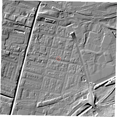 Shaded relief map of the ground around LN57NQ, computed from Environment Agency LiDAR. The ground here sits at about 5 m above sea level and falls 9 m across the surrounding 800 m. Surface water reaching this point runs off ground lying to the east-south-east, 1.2 m higher.