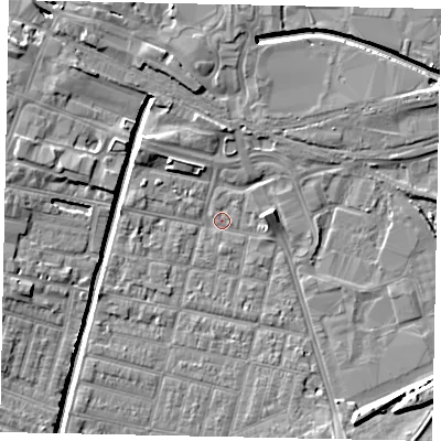 Shaded relief map of the ground around LN57NX, computed from Environment Agency LiDAR. The ground here sits at about 4 m above sea level and falls 8 m across the surrounding 800 m. Surface water reaching this point runs off ground lying to the west-south-west, 0.9 m higher.