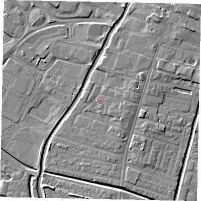 Shaded relief map of the ground around LN57NY, computed from Environment Agency LiDAR. The ground here sits at about 7 m above sea level and falls 7 m across the surrounding 800 m. Surface water reaching this point runs off ground lying to the east-south-east, 1.1 m higher.