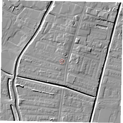 Shaded relief map of the ground around LN57PD, computed from Environment Agency LiDAR. The ground here sits at about 7 m above sea level and falls 7 m across the surrounding 800 m. Surface water reaching this point runs off ground lying to the south-south-west, 0.7 m higher.
