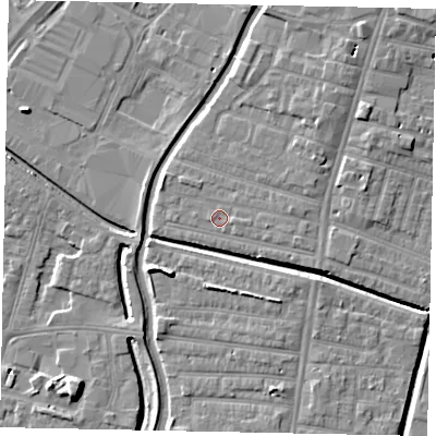 Shaded relief map of the ground around LN57PQ, computed from Environment Agency LiDAR. The ground here sits at about 6 m above sea level and falls 7 m across the surrounding 800 m. Surface water reaching this point runs off ground lying to the east-south-east, 1.3 m higher.