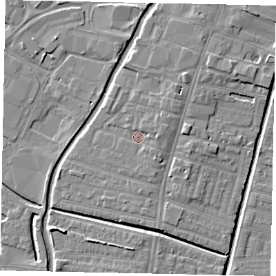 Shaded relief map of the ground around LN57PU, computed from Environment Agency LiDAR. The ground here sits at about 6 m above sea level and falls 7 m across the surrounding 800 m. Surface water reaching this point runs off ground lying to the east-north-east, 1.8 m higher.