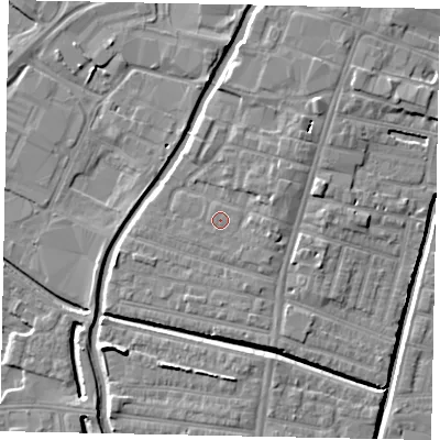 Shaded relief map of the ground around LN57PX, computed from Environment Agency LiDAR. The ground here sits at about 6 m above sea level and falls 7 m across the surrounding 800 m. The ground contributing surface water to this point lies to the south.