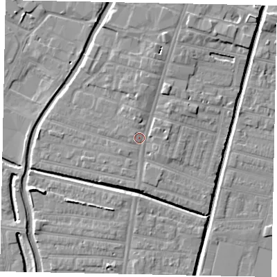 Shaded relief map of the ground around LN57QB, computed from Environment Agency LiDAR. The ground here sits at about 6 m above sea level and falls 7 m across the surrounding 800 m. Surface water reaching this point runs off ground lying to the north-north-east, 3.1 m higher.