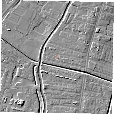 Shaded relief map of the ground around LN57QD, computed from Environment Agency LiDAR. The ground here sits at about 6 m above sea level and falls 7 m across the surrounding 800 m. Surface water reaching this point runs off ground lying to the east-south-east, 1.4 m higher.