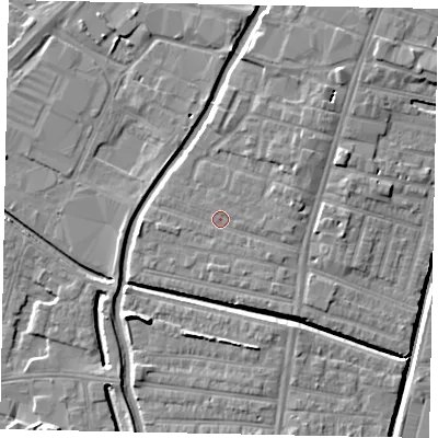 Shaded relief map of the ground around LN57QE, computed from Environment Agency LiDAR. The ground here sits at about 6 m above sea level and falls 7 m across the surrounding 800 m. Surface water reaching this point runs off ground lying to the east, 1.4 m higher.