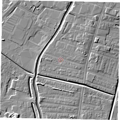Shaded relief map of the ground around LN57QF, computed from Environment Agency LiDAR. The ground here sits at about 6 m above sea level and falls 7 m across the surrounding 800 m. Surface water reaching this point runs off ground lying to the east, 1.4 m higher.