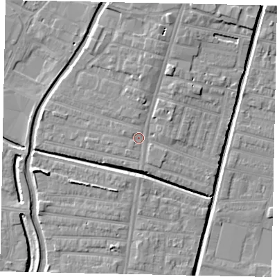 Shaded relief map of the ground around LN57QG, computed from Environment Agency LiDAR. The ground here sits at about 6 m above sea level and falls 7 m across the surrounding 800 m. Surface water reaching this point runs off ground lying to the north, 1.9 m higher.