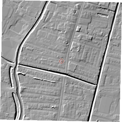 Shaded relief map of the ground around LN57QH, computed from Environment Agency LiDAR. The ground here sits at about 6 m above sea level and falls 7 m across the surrounding 800 m. Surface water reaching this point runs off ground lying to the south-south-west, 1.2 m higher.