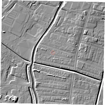Shaded relief map of the ground around LN57QJ, computed from Environment Agency LiDAR. The ground here sits at about 6 m above sea level and falls 7 m across the surrounding 800 m. Surface water reaching this point runs off ground lying to the east, 0.7 m higher.