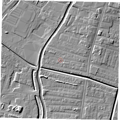 Shaded relief map of the ground around LN57QL, computed from Environment Agency LiDAR. The ground here sits at about 6 m above sea level and falls 7 m across the surrounding 800 m. Surface water reaching this point runs off ground lying to the east-south-east, 1.2 m higher.