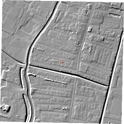 Shaded relief map of the ground around LN57QN, computed from Environment Agency LiDAR. The ground here sits at about 7 m above sea level and falls 7 m across the surrounding 800 m. Surface water reaching this point runs off ground lying to the east-south-east, 0.8 m higher.
