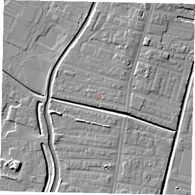 Shaded relief map of the ground around LN57QR, computed from Environment Agency LiDAR. The ground here sits at about 6 m above sea level and falls 7 m across the surrounding 800 m. Surface water reaching this point runs off ground lying to the east, 1.1 m higher.