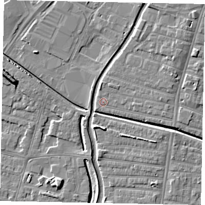 Shaded relief map of the ground around LN57QT, computed from Environment Agency LiDAR. The ground here sits at about 5 m above sea level and falls 8 m across the surrounding 800 m. Surface water reaching this point runs off ground lying to the east, 1.7 m higher.