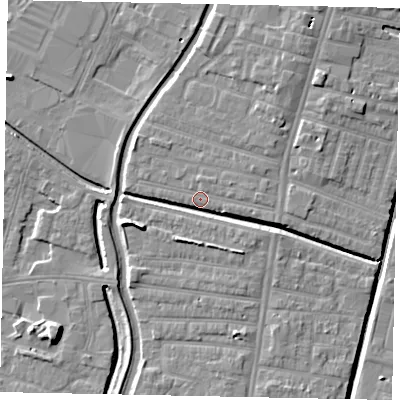 Shaded relief map of the ground around LN57QU, computed from Environment Agency LiDAR. The ground here sits at about 6 m above sea level and falls 7 m across the surrounding 800 m. Surface water reaching this point runs off ground lying to the south-south-east, 5.7 m higher.