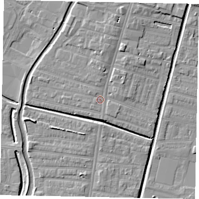 Shaded relief map of the ground around LN57QW, computed from Environment Agency LiDAR. The ground here sits at about 6 m above sea level and falls 7 m across the surrounding 800 m. Surface water reaching this point runs off ground lying to the north, 1.9 m higher.