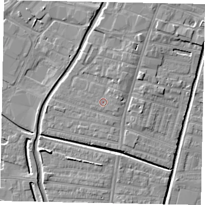 Shaded relief map of the ground around LN57QZ, computed from Environment Agency LiDAR. The ground here sits at about 6 m above sea level and falls 7 m across the surrounding 800 m. Surface water reaching this point runs off ground lying to the east-north-east, 1.3 m higher.