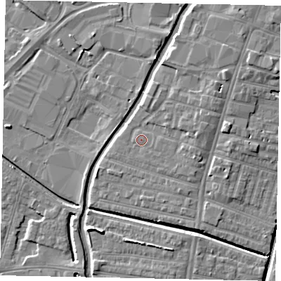 Shaded relief map of the ground around LN57RA, computed from Environment Agency LiDAR. The ground here sits at about 6 m above sea level and falls 7 m across the surrounding 800 m. Surface water reaching this point runs off ground lying to the east-south-east, 0.9 m higher.